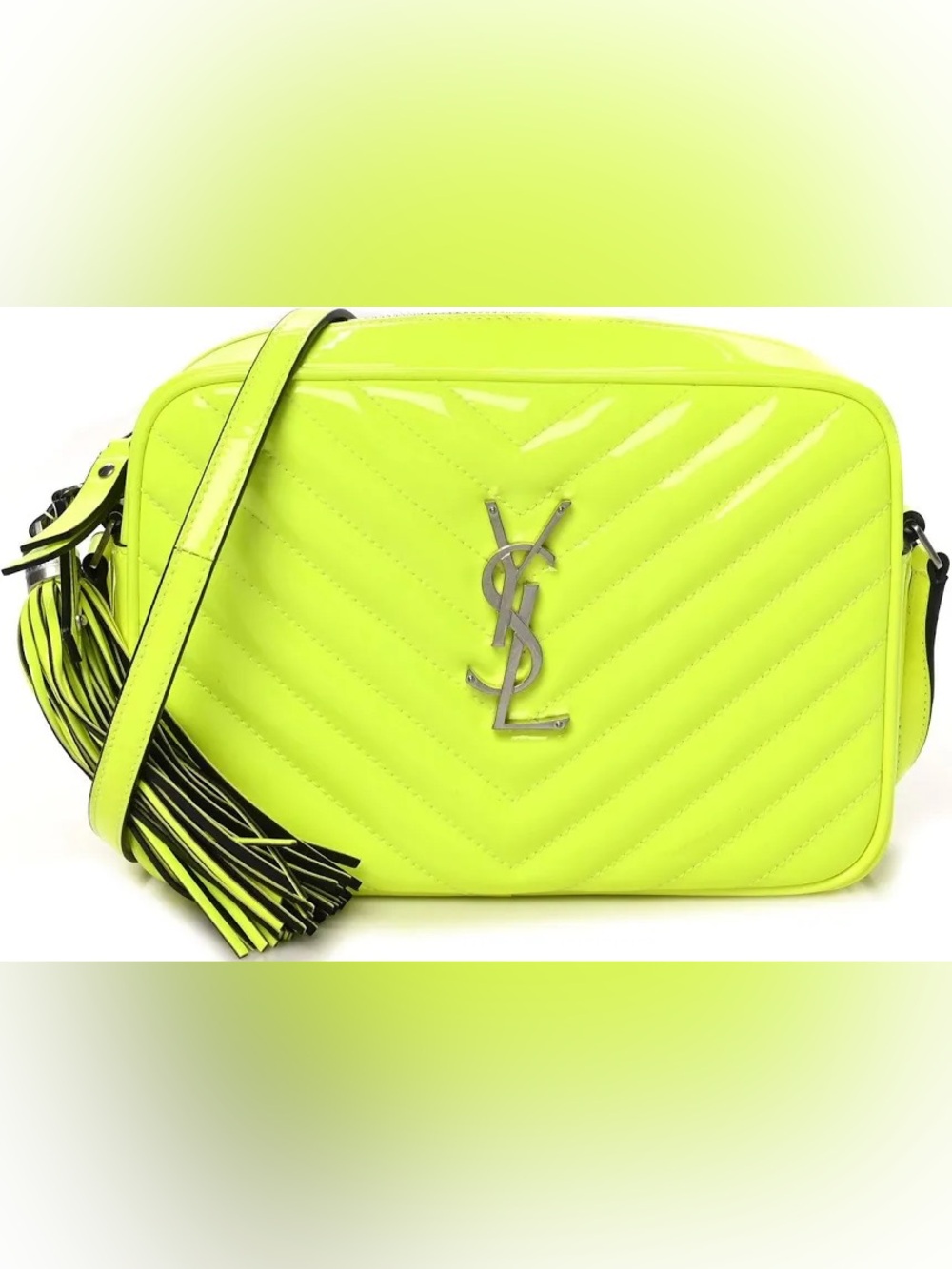Saint Laurent YSL Lou Camera Bag Neon Yellow Patent Leather Tassel Crossbody